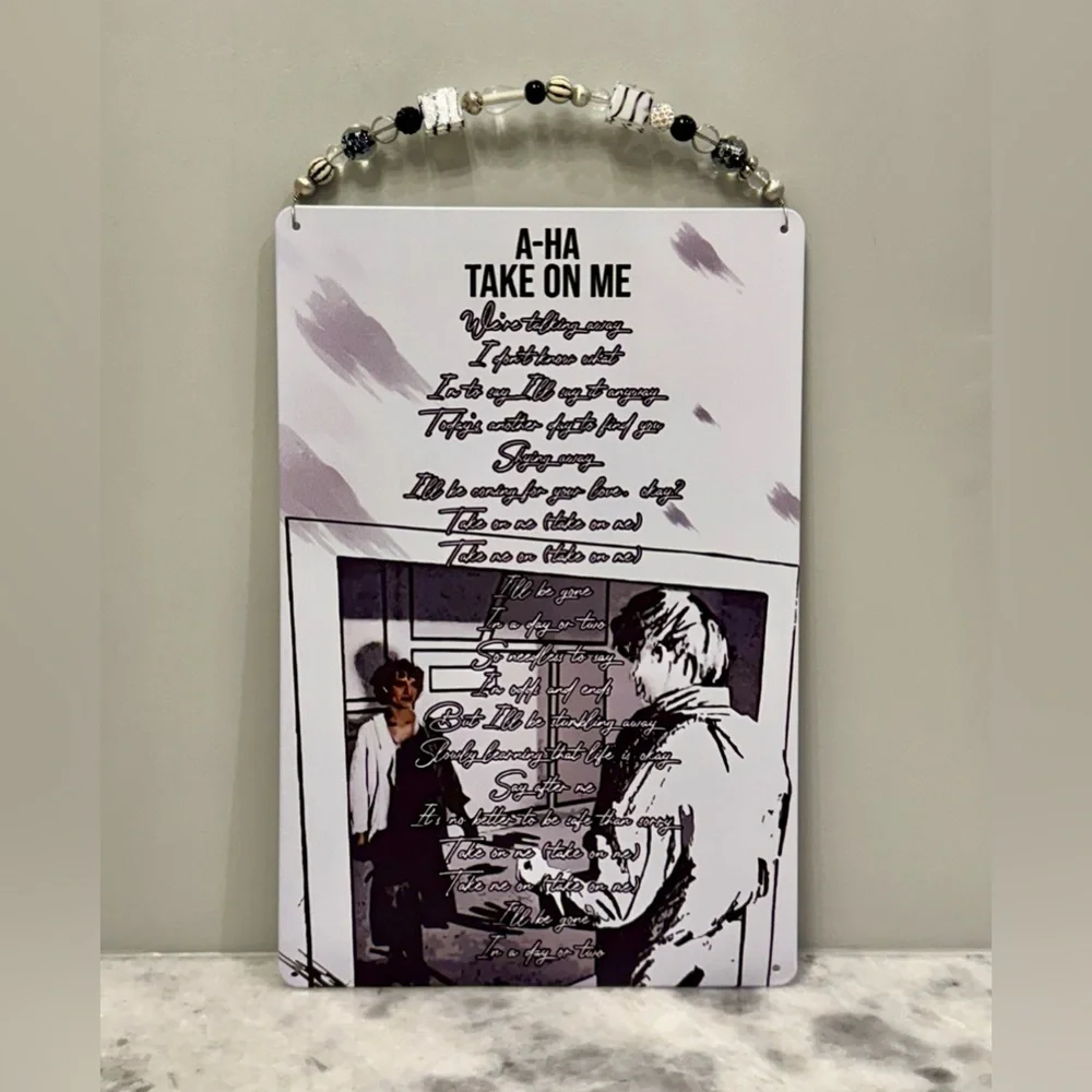 New A-ha Band Take On Me 80s Inspired Metal Wall Sign w/ Beaded Hanger 8” x 12”